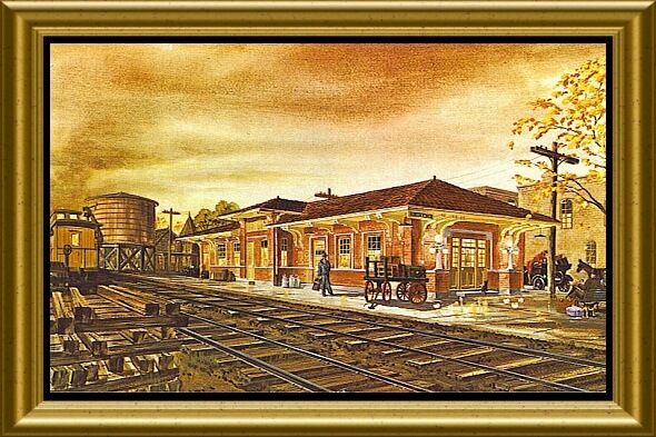 Post card of Eminence in a painting style featuring the train station next to the tracks